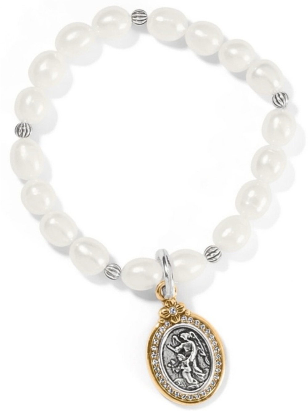 Brighton Art & Soul Guardian Angel Medal  Pearl Stretch Bracelet Silver-Pearl